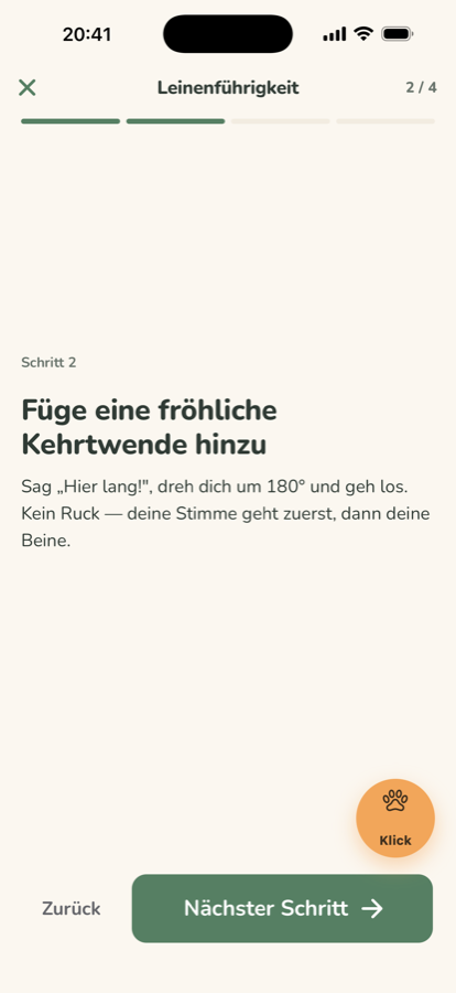Ein Lektionsschritt, der Clicker einen Tipp entfernt