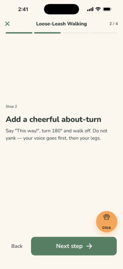 A lesson step, with the clicker one tap away