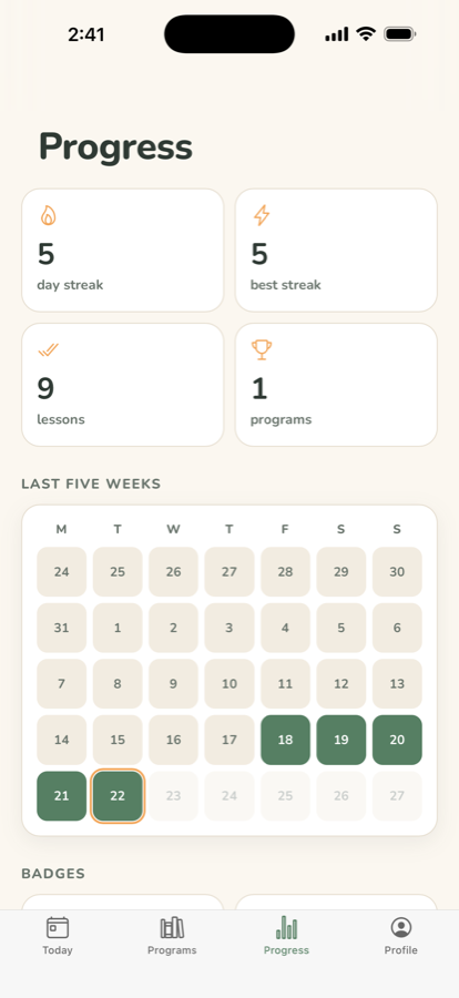 A streak calendar and the lessons completed