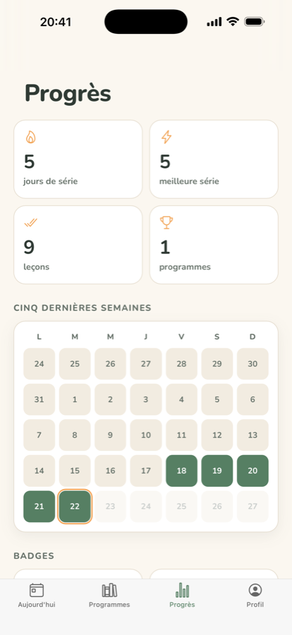Calendrier de série et leçons terminées